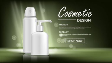 Kozmetik şişe afiş vektör. Lüks ışık. Soyut etiket. Losyon, jel. Premium ürün. 3D mockup gerçekçi illüstrasyon