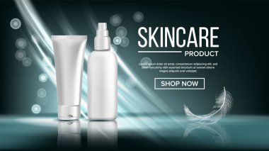 Kozmetik şişe Poster vektör. Parlak, parlak. Temiz, parlak. Promosyon öğe. Cilt Bakımı. 3D mockup gerçekçi illüstrasyon