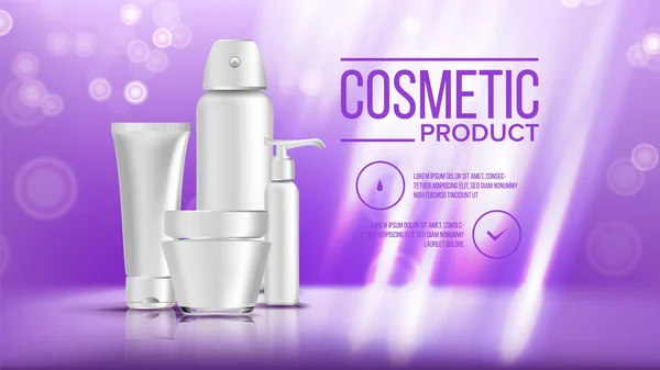 Cosmetic Bottle Banner Vector. Product Branding Design. Container, Tube. Spray, Cream. Liquid Soup, Shampoo. 3D Mockup Realistic Illustration — Stock Vector