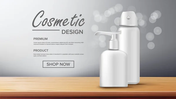 Cosmetic Bottle Advertising Vector. Empty Plastic. Sale Flyer. Luxury Light. Abstract Label. Shiny Object. 3D Mockup Realistic Illustration — Stock Vector