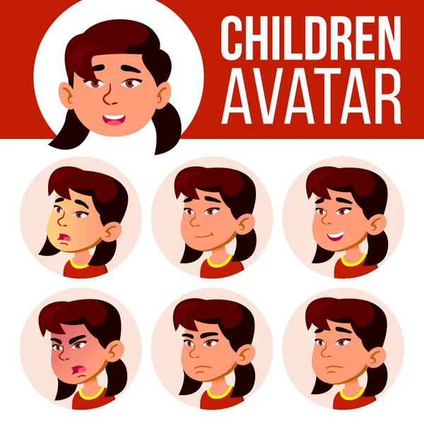 Asian Girl Avatar Set Kid Vector. Kindergarten. Face Emotions. Portrait, User, Child. Junior, Pre-school, Kiddy. Placard, Presentation. Cartoon Head Illustration — Stock Vector