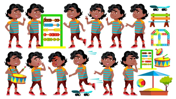 Black, Afro American Boy Kindergarten Kid Poses Set Vector. Buon personaggio dei bambini. Faceva il babysitter. Per pubblicità, saluto, annuncio Design. Illustrazione isolata del fumetto — Vettoriale Stock