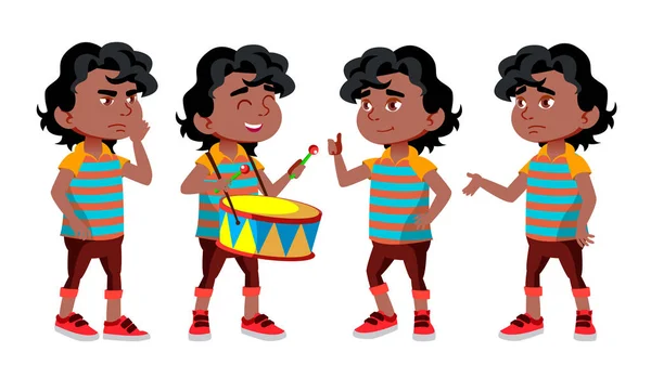 Svart, Afro amerikansk pojke dagis Kid utgör Set vektor. Karaktär spelar. Barnslig. Casual kläder. För Presentation, Print, inbjudan Design. Isolerade tecknad Illustration — Stock vektor