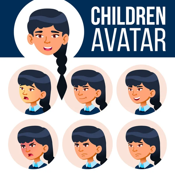 Menina asiática Avatar Set Kid Vector. Escola primária. Emoções faciais. Usuário, Personagem. Meninos, Positivo. Banda desenhada, Web. Desenhos animados cabeça ilustração —  Vetores de Stock