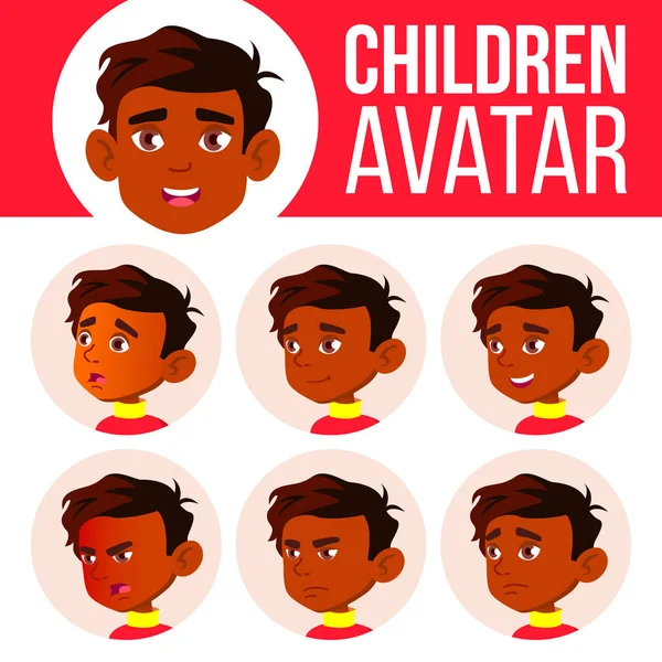 Indian Boy Avatar Set Kid Vector. Escuela Primaria. Emociones faciales. Piso, Retrato. Activo, Joy. Cartel, Clipart. Ilustración de cabeza de dibujos animados — Vector de stock