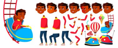 Hintli çocuk okul çocuğu çocuk vektör. Eğlence Parkı. Animasyon oluşturma küme. Ders çalışıyorum. Boş zaman. Sürücü, eğlence, yaz. Reklam, afiş, baskı tasarımı. Duygular, hareketleri karşısında. Animasyonlu resim