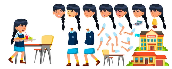 Asian Girl Vector. Primary School Child. Animation Creation Set. Face Emotions, Gestures. Life, Emotional, Pose. For Presentation, Print, Invitation Design. Animated. Cartoon Illustration — Stock Vector