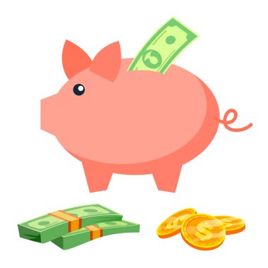 Kumbara vektör. Paralar, faturaları. Tasarruf mevduat simgesi. İş yatırım işareti. Düz çizgi film illüstrasyon izole