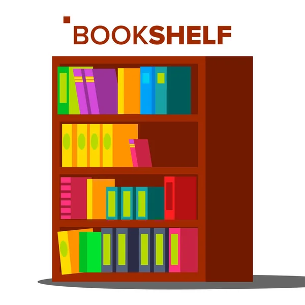 Bücherregalvektor. Heimbibliothek oder Buchhandlung. Bücherregal voller verschiedenfarbiger Bücher. isolierte flache Cartoon-Illustration — Stockvektor