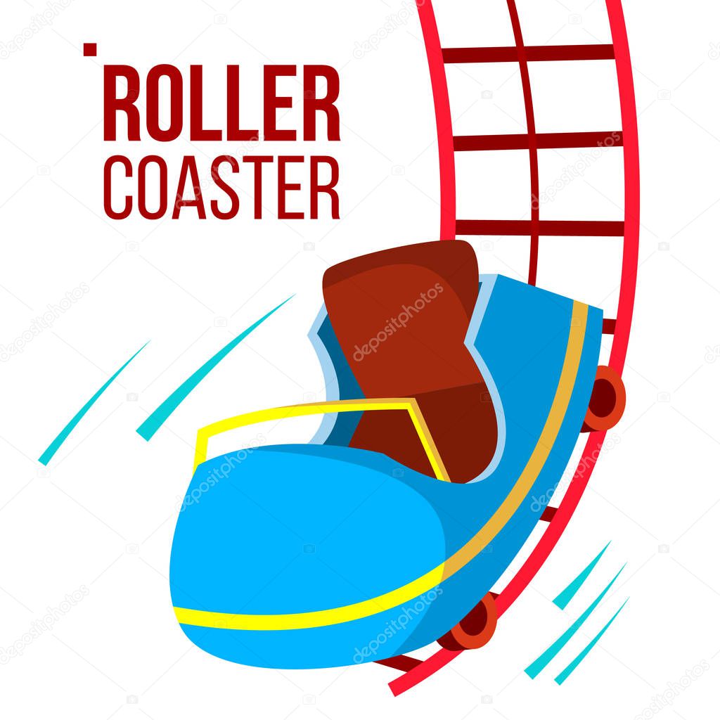 Roller Coaster Vector. Fast Ride. Mountians. Amusement Park. Fast Speed, Drive. Isolated Flat Cartoon Illustration