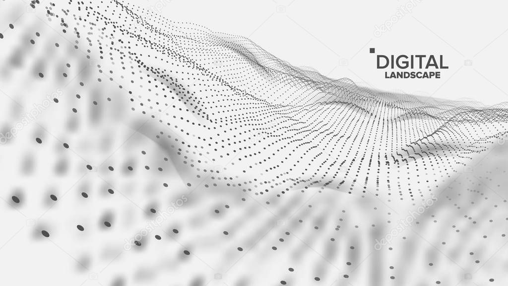 Digital Landscape Vector. Data Technology. Wave Mountain. Tech Surface. Dot Land. Geometric Data. 3D Illustration