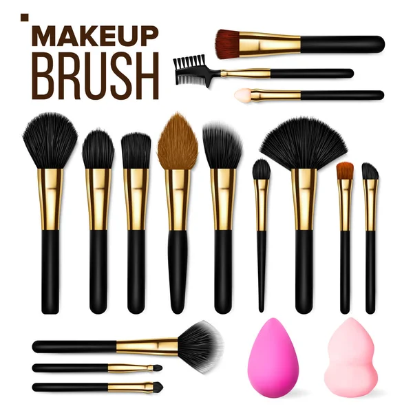 Make-up Brush Set Vector. Cosmetische schoonheid Tools. Professionele vrouw gezicht apparatuur. Vrouwelijke accessoire. Realistische geïsoleerde illustratie — Stockvector