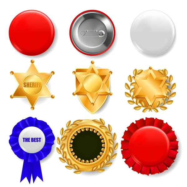 Badge instellen Vector. Kunststof en gouden lege knop. Verkoop symbool. Beste kwaliteit Product embleem. Zeshoekig. Sheriff Pin broche, Retro, Vintage, politie, verkoop klassieke Premium Badge illustratie — Stockvector