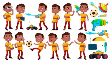 Siyah, Afro Amerikan çocuk Anaokulu çocuk Set vektör teşkil etmektedir. İskambil oynuyor. Dostluk. Futbol, su tabancası. Web, Poster, kitapçık tasarımı için. İllüstrasyon izole karikatür