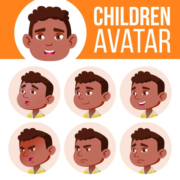 Negro, Afro American Boy Avatar Set Kid Vector. Jardín de infantes. Emociones faciales. Preescolar, bebé, expresión. Nacimiento, Vida, Emocional. Imprimir, Invitación. Ilustración de cabeza de dibujos animados — Vector de stock