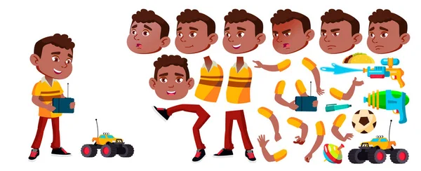 Zwart, Afro American Boy kleuterschool Kid Vector. Animatie maken Set. Gezicht emoties, gebaren. Waterpistool. Gelukkige kinderen karakter. Voor aankondiging, de omslag voor ontwerpen. Geanimeerd. Geïsoleerde illustratie — Stockvector