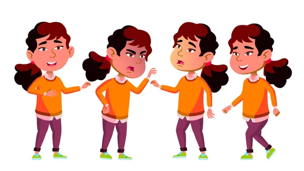 Asian Girl Kindergarten Kid Poses Set Vector. Emotional Character Playing. Playground. For Presentation, Invitation, Card Design. Isolated Cartoon Illustration — Stock Vector