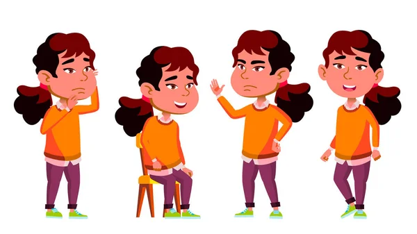 Asian Girl Kindergarten Kid Poses Set Vector. Little Child. Having Fun. Motherhood. For Advertisement, Greeting, Announcement Design. Isolated Cartoon Illustration — Stock Vector