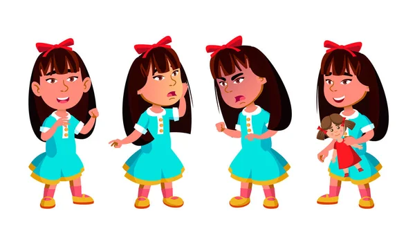 Asian Girl Kindergarten Kid Poses Set Vector. Preschool. Young Positive Person. Beauty. For Banner, Flyer, Brochure Design. Isolated Cartoon Illustration — Stock Vector