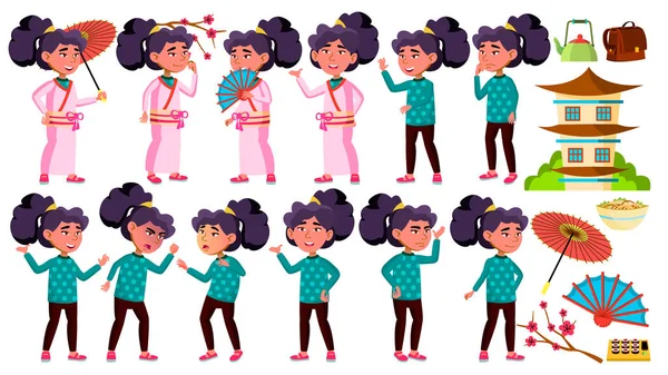 Asian Girl Kid Poses Set Vector. Primary School Child. Kimono, Sakura, Umbrella. Beauty. Expression, Happy Childhood, Positive Person. For Banner, Flyer, Brochure Design. Isolated Cartoon Illustration — Stock Vector