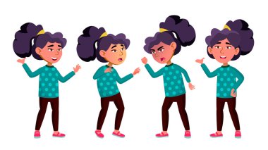 Asyalı kız çocuk Set vektör teşkil etmektedir. İlköğretim Okulu çocuk. Genç, tatlı, komik. Tanıtım, baskı, davetiye tasarım için. İllüstrasyon izole karikatür