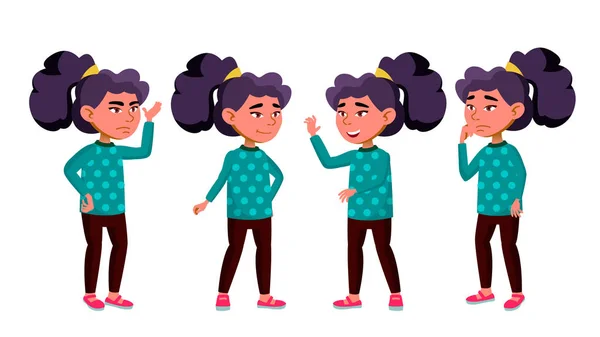 Asian Girl Kid představuje Set Vector. Základní školy dítě. dítě, žák. Aktivní, Joy, volný čas. Pro reklamu, Design oznámení. Izolované kreslený obrázek — Stockový vektor