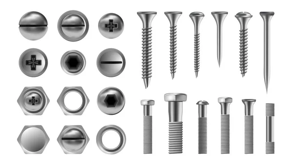 Vector de conjunto de tornillo de metal. Perno de acero inoxidable. Herramientas de reparación de hardware. Iconos principales. Uñas, remaches, nueces. Ilustración aislada realista — Vector de stock