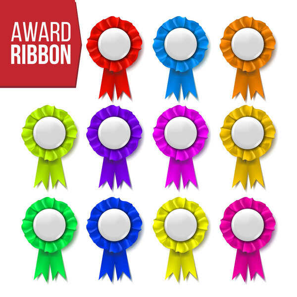 Award Ribbon Set Vector. Certificate Banner. Celebration Tag. Advertising Event. Best Trophy. Luxury Product. Object Template. Reward Rosette. Sign. Quality Background. 3D Realistic Illustration