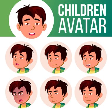 Asyalı çocuk Avatar Set çocuk vektör. İlköğretim Okulu. Yüz duygular. Yüz, insanlar. Şirin, komik. Afiş, el ilanı. Karikatür Head illüstrasyon