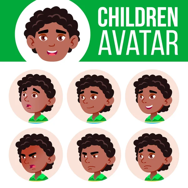 Black, Afro American Boy Avatar Set Kid Vector. Jardim de infância. Emoções faciais. Feliz Infância, Pessoa Positiva. Sorri, Linda, Engraçada. Banner, Flyer. Desenhos animados cabeça ilustração —  Vetores de Stock