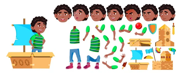 Schwarzer, afroamerikanischer Junge Kindergartenkind Vektor. Animationsset. Emotionen, Gesten. Kleine Kinder. Kartonspielzeug. Gestaltungselement. animiert. Isolierte Cartoon-Illustration — Stockvektor