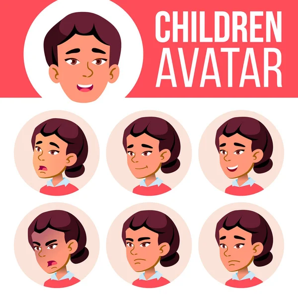 Menina asiática Avatar Set Vector. No liceu. Emoções faciais. Miúdo, criança. Amigável. Desenhos animados cabeça ilustração —  Vetores de Stock