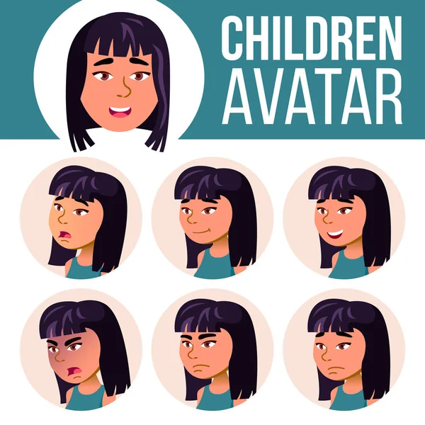 "Asian Girl Avatar Set Vector. Старшая школа. Лицо эмоций. Выражение, позитивный человек. Красота, стиль жизни. Карикатурная голова — стоковый вектор