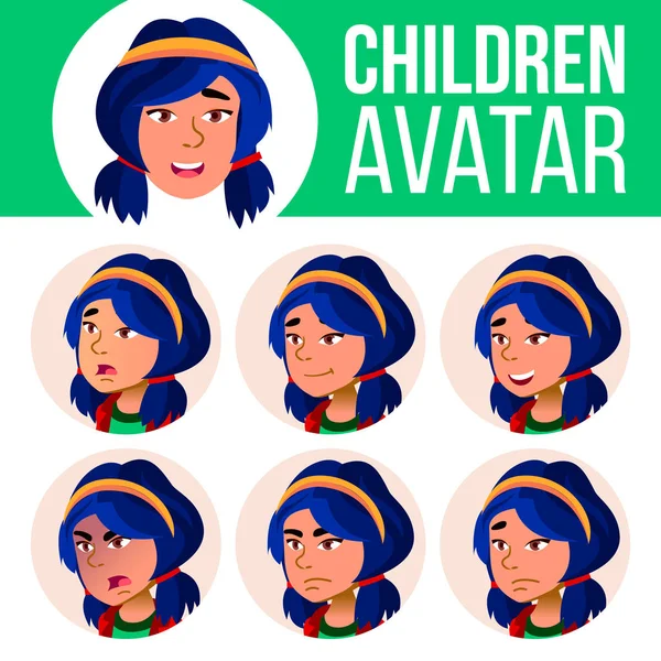 Chica asiática avatar set niño vector. Emociones faciales. Niños, jóvenes. Vida, Emocional. Ilustración de cabeza de dibujos animados — Vector de stock