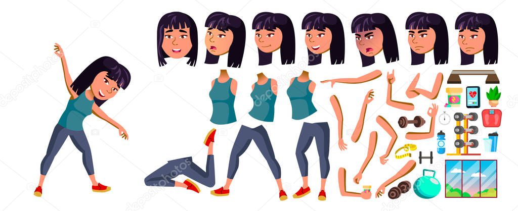 Asian Girl Vector. Fitness, Sport, Figure, Health. School Child. Animation Creation Set. Face Emotions, Gestures. High School. For Advertising, Placard, Print Design. Animated. Cartoon Illustration