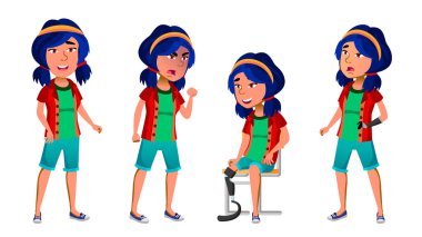 Asyalı kız Set vektör. Sağlık kavramı. Cyborg, melez. Amputasyon protez. Hayat, duygusal, poz. Tanıtım, baskı, davetiye tasarım için. İllüstrasyon izole karikatür