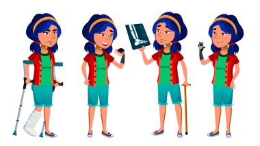 Asyalı kız çocuk vektör teşkil etmektedir. Okul çocuk. Engelli. Amputasyon protez. Gülümse, etkinlik, güzel. Kartpostal, duyuru, kapak tasarımı için. İllüstrasyon izole karikatür