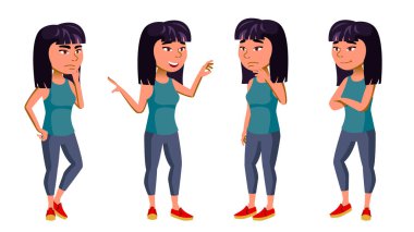 Asian Girl Kid Poses Set Vector. High School Child. Student. Expression, Positive Person. For Web, Brochure, Poster Design. Isolated Cartoon Illustration