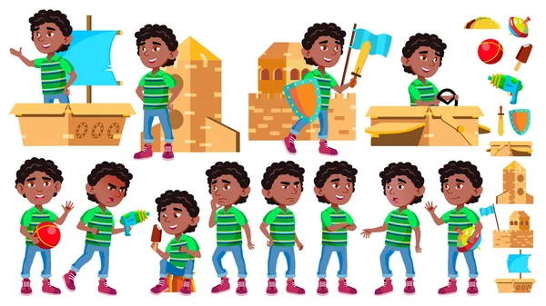 Black, Afro American Boy Kindergarten Kid Poses Set Vector. Little Child. Cardboard Box Toy. Funny. Lifestyle. For Advertising, Placard, Print Design. Isolated Cartoon Illustration — Wektor stockowy