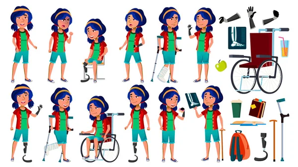 Asijská dívka představuje Set Vector. Dospívající. Koncepce zdraví. Kyborg, hybridní. Invalidní vozík. Amputace protézy. Pro Web, plakát, Design brožury. Izolované kreslený obrázek — Stockový vektor