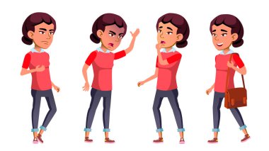 Asyalı Kız Poses Set Vektör. Liseli Çocuk. Duyguları. Öğrenci. Web, Poster, Kitapçık Tasarımı için. İzole Karikatür İllüstrasyon