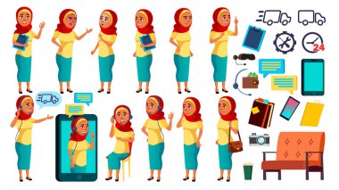 Arab, Muslim Teen Girl Poses Set Vector. Friendly, Cheer. Online Helper, Consultant. For Banner, Flyer, Brochure Design. Isolated Cartoon Illustration