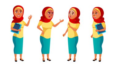 Arab, Muslim Teen Girl Poses Set Vector. Pretty, Youth. For Postcard, Announcement, Cover Design. Isolated Cartoon Illustration
