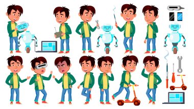 Asyalı çocuk çocuk Set vektör teşkil etmektedir. Robot yardımcı oluşturmak. İlköğretim Okulu çocuk. Sunum, davet, kart tasarımı için. İllüstrasyon izole karikatür