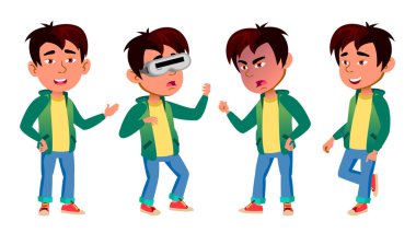 Asian Boy Set Vector. Primary School Child. For Postcard, Cover, Placard Design. Isolated Cartoon Illustration