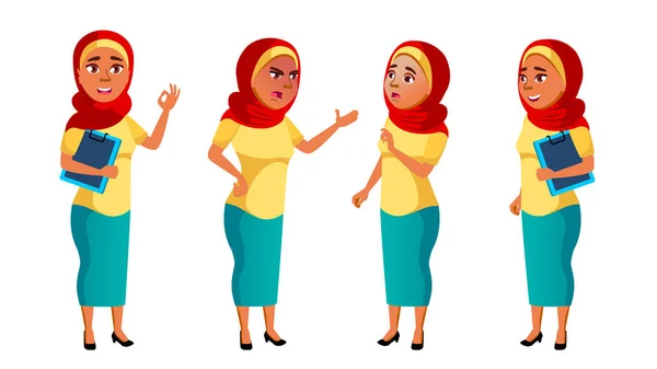 Arab, Muslim Teen Girl Poses Set Vector. Pretty, Youth. For Postcard, Announcement, Cover Design. Isolated Cartoon Illustration — Stok Vektör