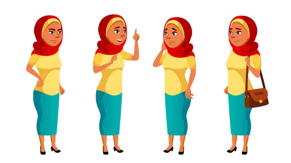 Arab, Muslim Teen Girl Poses Set Vector. Kecantikan, Gaya Hidup. Untuk Web, Poster, Desain Booklet. Ilustrasi Kartun Terisolasi - Stok Vektor