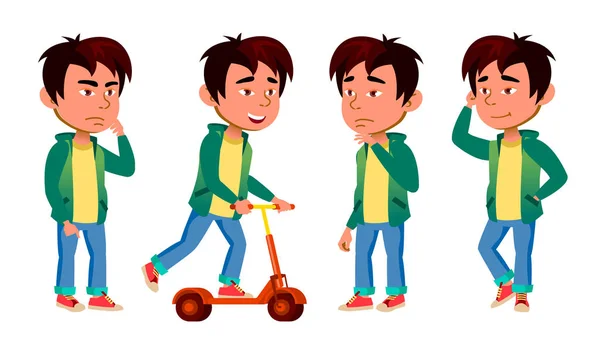 Asian Boy Kid Poses Set Vector (em inglês). Escola primária. Estilo Kifestyle. Para Web, Brochura, Poster Design. Ilustração de desenhos animados isolados —  Vetores de Stock