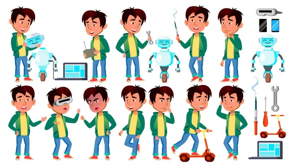 Asian Boy Kid Poses Set Vector. Build Robot Helper. Primary School Child. For Presentation, Invitation, Card Design. Isolated Cartoon Illustration — Stock Vector