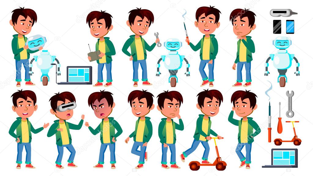 Asian Boy Kid Poses Set Vector. Build Robot Helper. Primary School Child. For Presentation, Invitation, Card Design. Isolated Cartoon Illustration